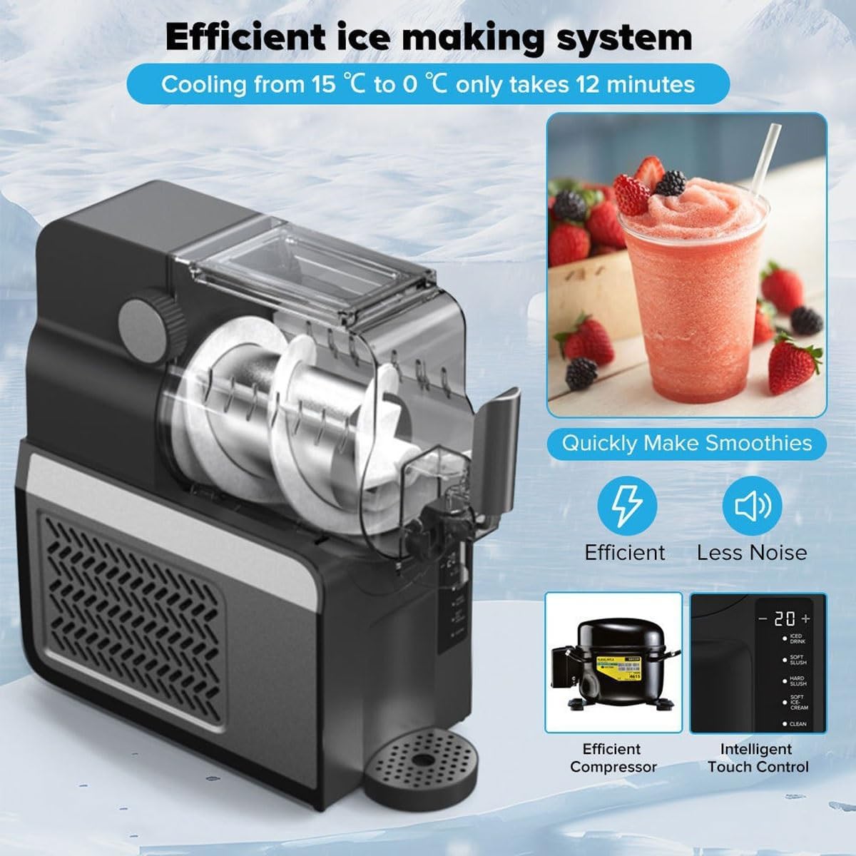 Electric Ice Crusher,1.8L Home Frozen Ice Slush Machine with LCD Touch Screen and Removable Drip Tray, Adjustable 10levels Hardness and 5 Drinking Modes,-15-0° Temperature,for Making Snow Cones