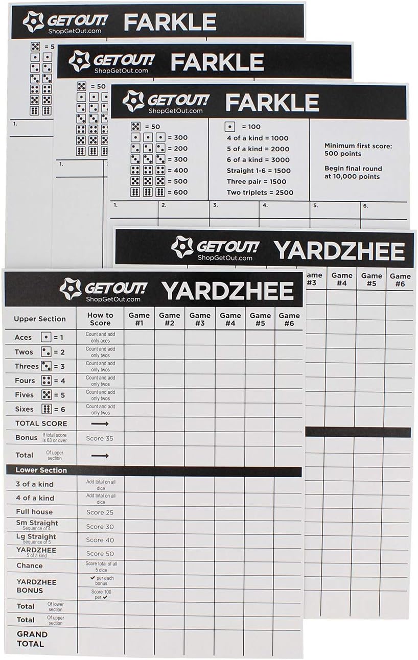 Get Out! Giant Yard Dice Laminated Score Keeper Cards Large 5pk – Jumbo Outdoor Lawn Game Dice Point Pads Game Sheets