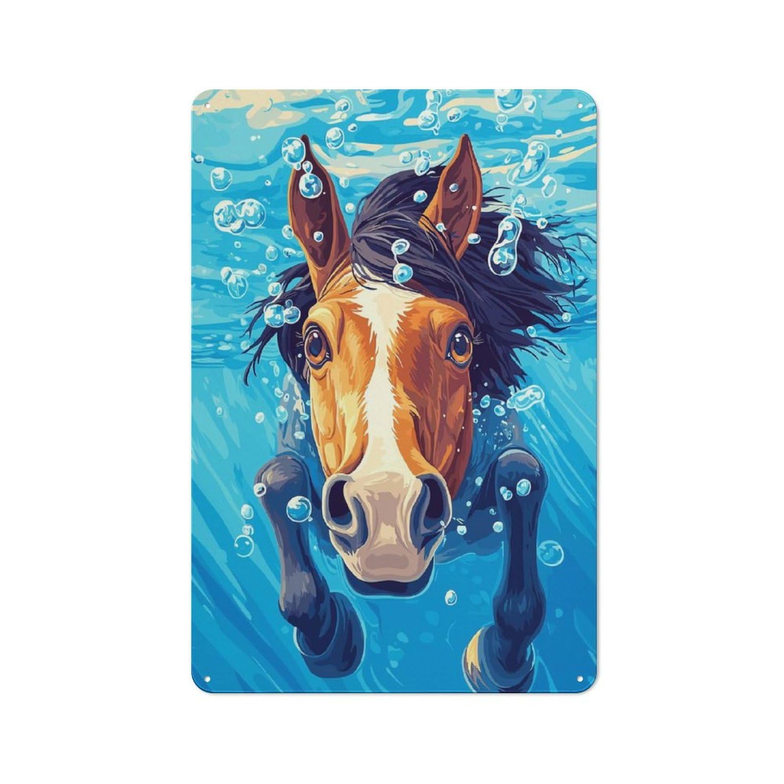 Country Country Metal Sign 30x20cm Featuring Horse Swimming Underwater, Rustic Kitchen Decor for Cottage, Kitchen, Hallway Or Breakfast Nook