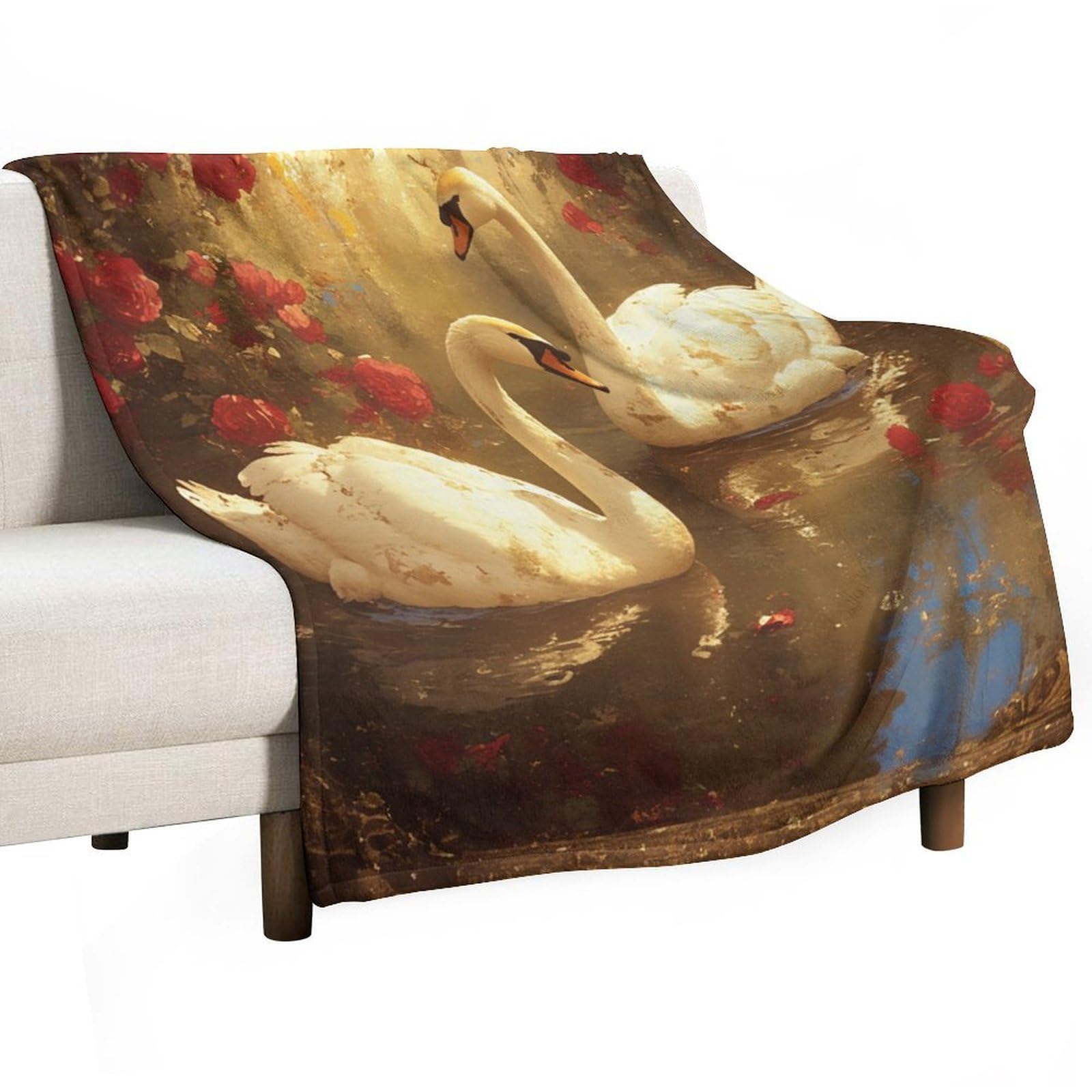 Couverture flanelle douce motif floral cygne rétro mystique jeté de lit haut de gamme