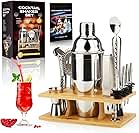 Cocktail Shaker Making Set: 16pcs Bartender Kit with Semicircle Eco Bamboo Stand - Stainless Steel Bar Tool Set Scandinavian Style Home DIY Kit