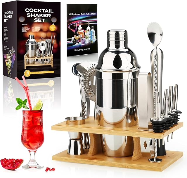 Cocktail Shaker Making Set: 16pcs Bartender Kit with Semicircle Eco Bamboo Stand - Stainless Steel Bar Tool Set Scandinavian Style Home DIY Kit