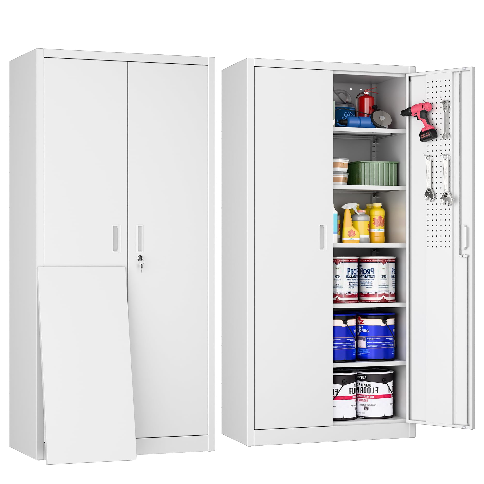 Metal Storage Cabinet with Pegboard 71'' x 34'' x 18'',Lockable Rolling Steel Storage Cabinet with 5 Adjustable Shelves and Door for Garage, Office, Kitchen, Assembly Required(White)Recycled Claim Standard 100