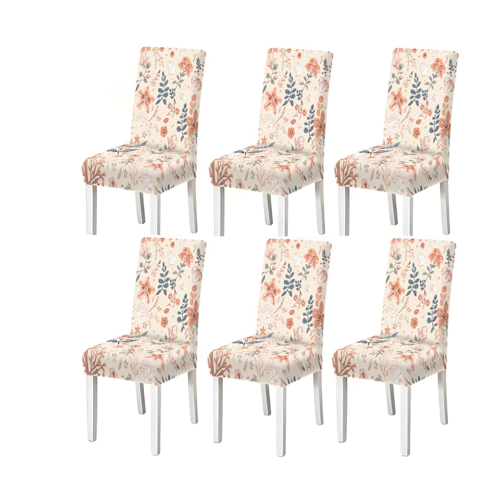 BOSUYBN Beige Dusty Blue Terracotta Botanical Print Dining Chair Covers Set Of 2/4/6, Stretch Slipcovers For Kitchen Dining Room Furniture Protectors for Home Dining Room(6PCSChair cover)