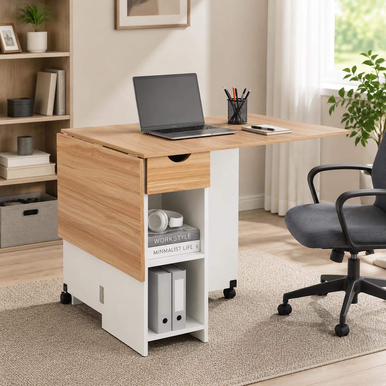 Mondeer Tavolo da pranzo, tavolo da cucina pieghevole per 4-6 persone, tavolo pieghevole con cassetto e 2 ripiani aperti per piccoli spazi, sala da pranzo, cucina, 120 x 72 x 75 cm, bianco+rovere