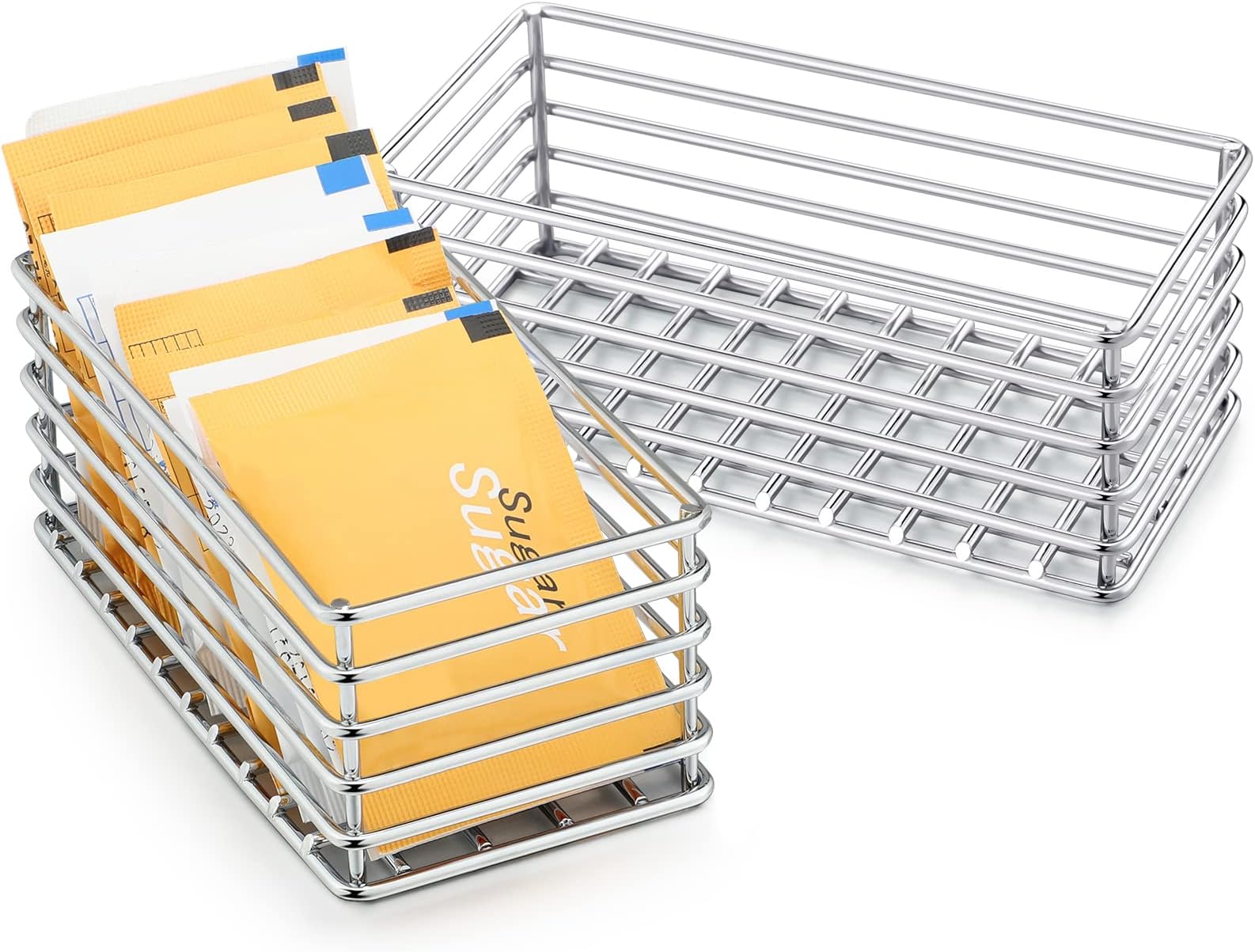Oudain 2 Pcs Sugar Packet Basket Sugar Packet Rack Sugar Packet Holder Small Sugar Caddy Iron Sugar Packet Organizer for Coffee Bar Tea Storage, 4.5" x 2.25" x 1.75" (Silver)