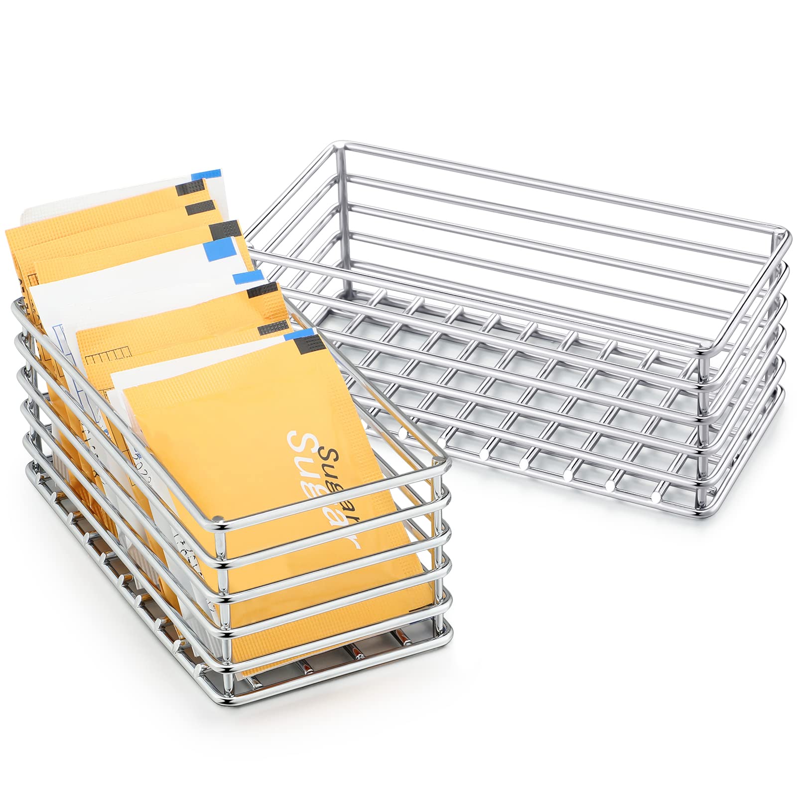 Oudain 2 Pcs Sugar Packet Basket Sugar Packet Rack Sugar Packet Holder Small Sugar Caddy Iron Sugar Packet Organizer for Coffee Bar Tea Storage, 4.5" x 2.25" x 1.75" (Silver)