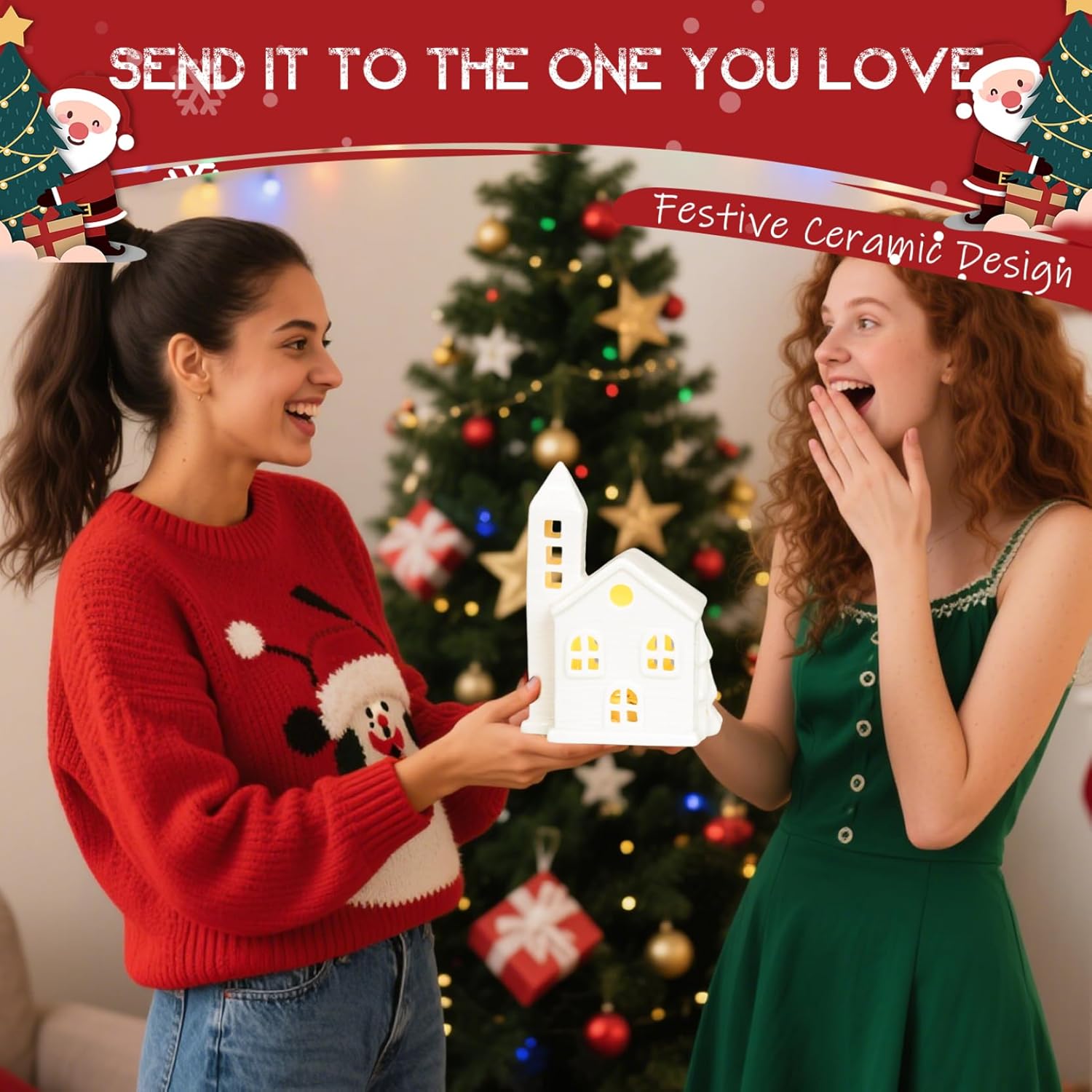 3Pcs Christmas Village Houses White Ceramic Christmas Village Figurines Creative Candle Holder for Winter Xmas Holiday Party