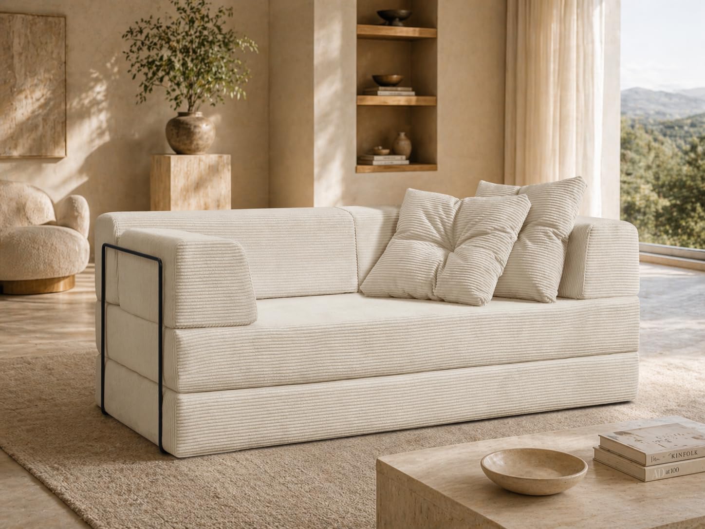 SIMPUR Oasis Sofá Cama 3 Plazas XXL de Pana Premium Beige, Convertible en Cama 180x190 cm, Estructura Metálica Resistente, Funda Lavable, Base Antideslizante, Sin Montaje, Fabricado en España