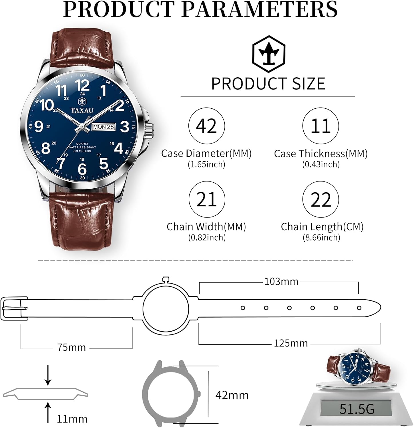 Watches for Men Leather Large Arabic Numerals Mens Watches Waterproof Band with Date Quartz Men's Wrist Watch - Image 3