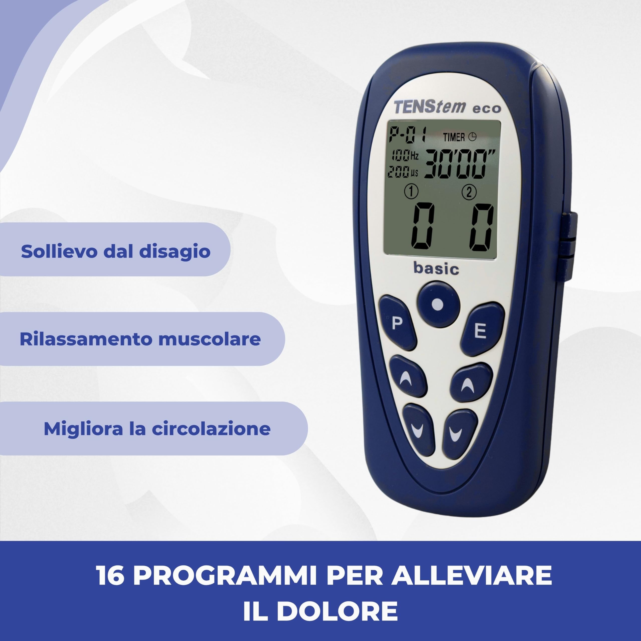 Tens Eco Basic, Elettrostimolatore Portatile, 2 Canali, 12 Programmi + 4 Personalizzabili, Sollievo dal Dolore, Stimolazione Muscolare e Ionoforesi Non Invasiva, Schermo LCD