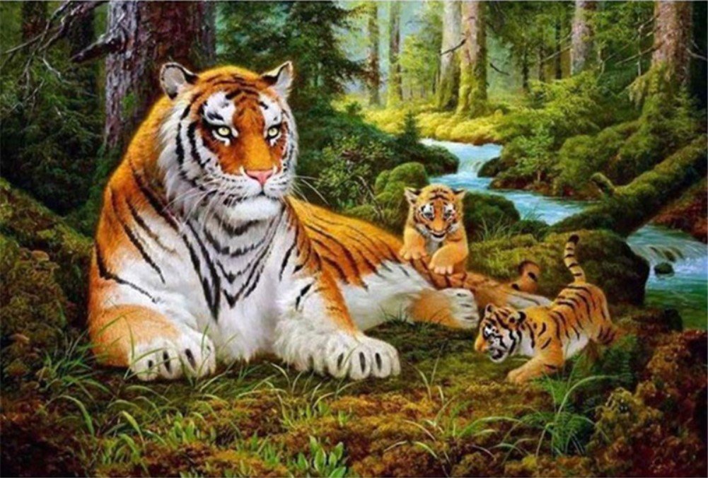 Abeuty Clear Diy Paint By Numbers For Adults Beginner - Tiger & Tiger Cub Forest 16X20 Inches Number Painting (No Frame)
