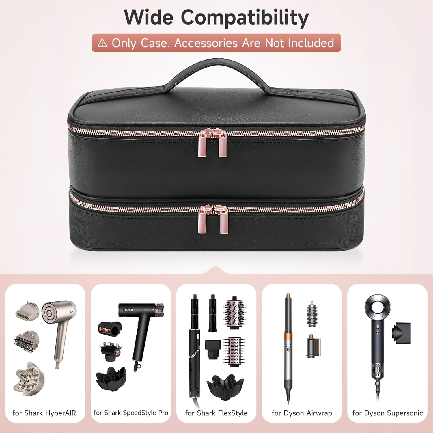 Travel Hair Dryer Case for Shark Flexstyle, Double-Layer Carrying Case for Shark Flex Style Blow Dryer, Portable Hair Tools Storage Organizer Bag for Shark Beauty Hairdryer Attchments(Black Rose Gold) - Image 5