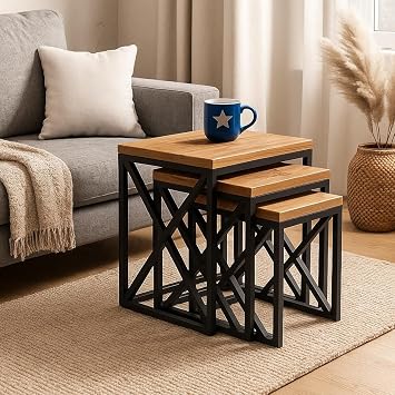 Modern Aesthetic Multi-Purpose Black Metal Foot 3-Piece Natural Wooden Zigon Coffee Table