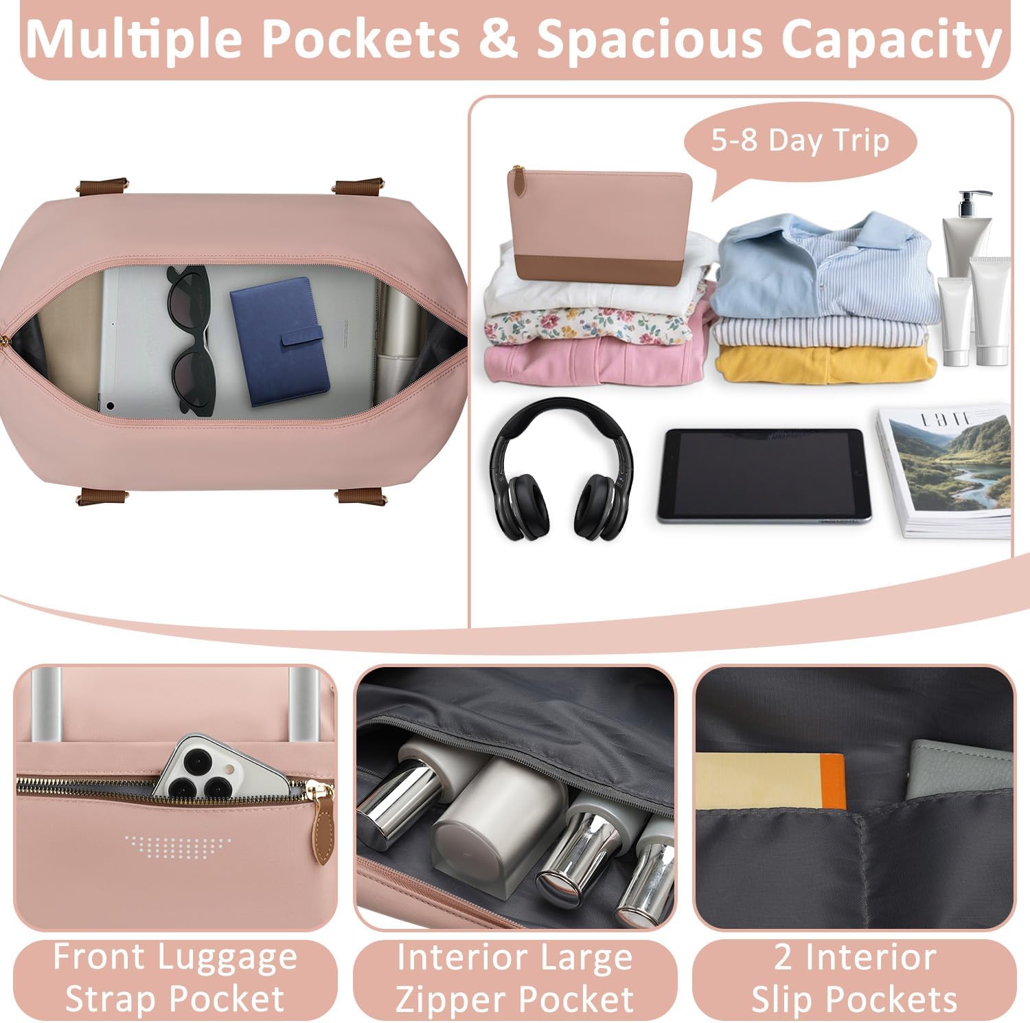 Travel Duffle Bag for Women, Weekender Bags, Hospital Bag for Labor Delivery, Lightweight Tote Duffel Overnight Bag with Luggage Sleeve, Airplane Travel Bags with Toiletry Bag, X-Large,Pink - Image 4