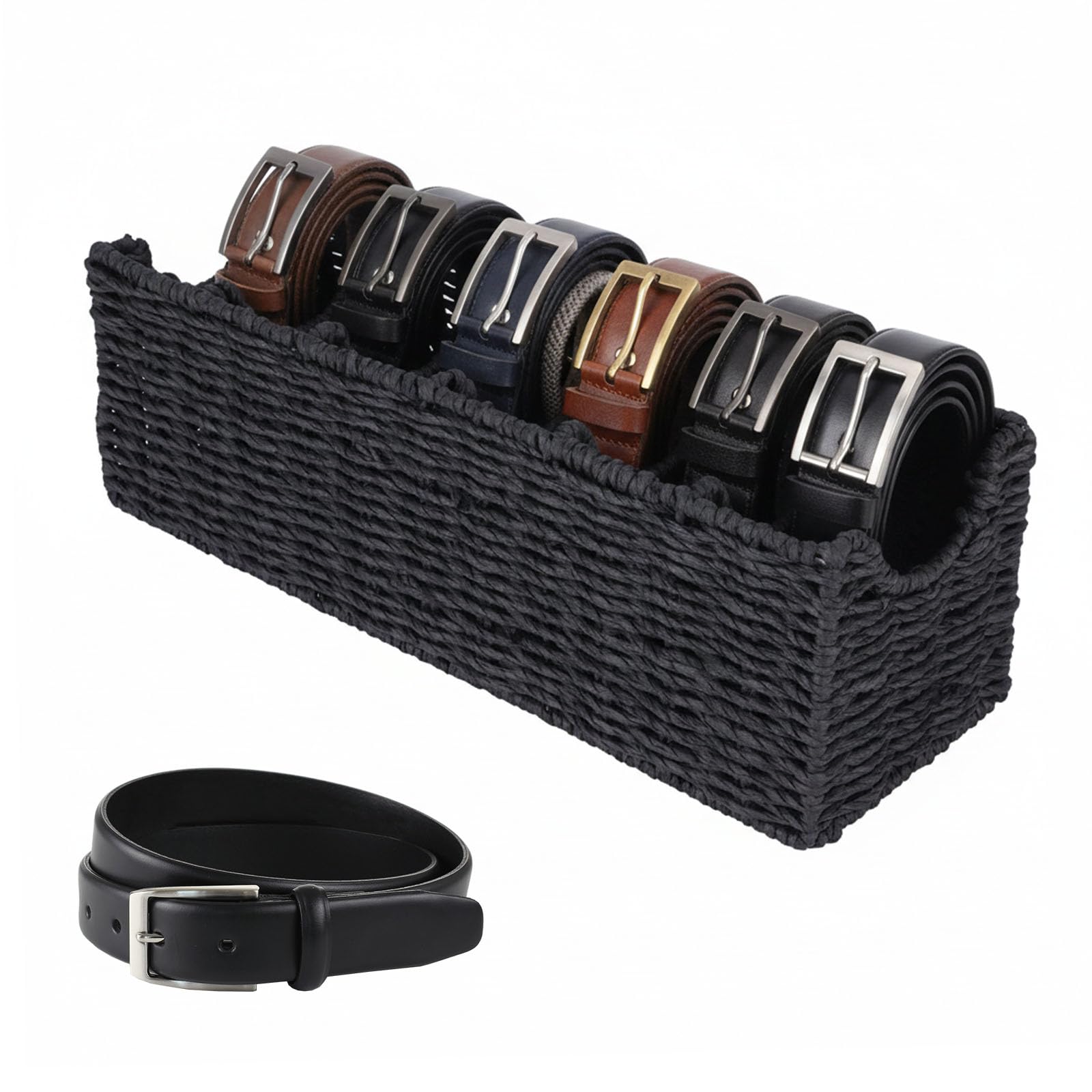 Punorric Belt Box - 6-Compartment Black Drawer Organiser & Belt Storage, Metal Frame Rattan Weave Wardrobe Organiser Boxes for Ties/Jewelry/Small Accessories - 40x13.5x3cm