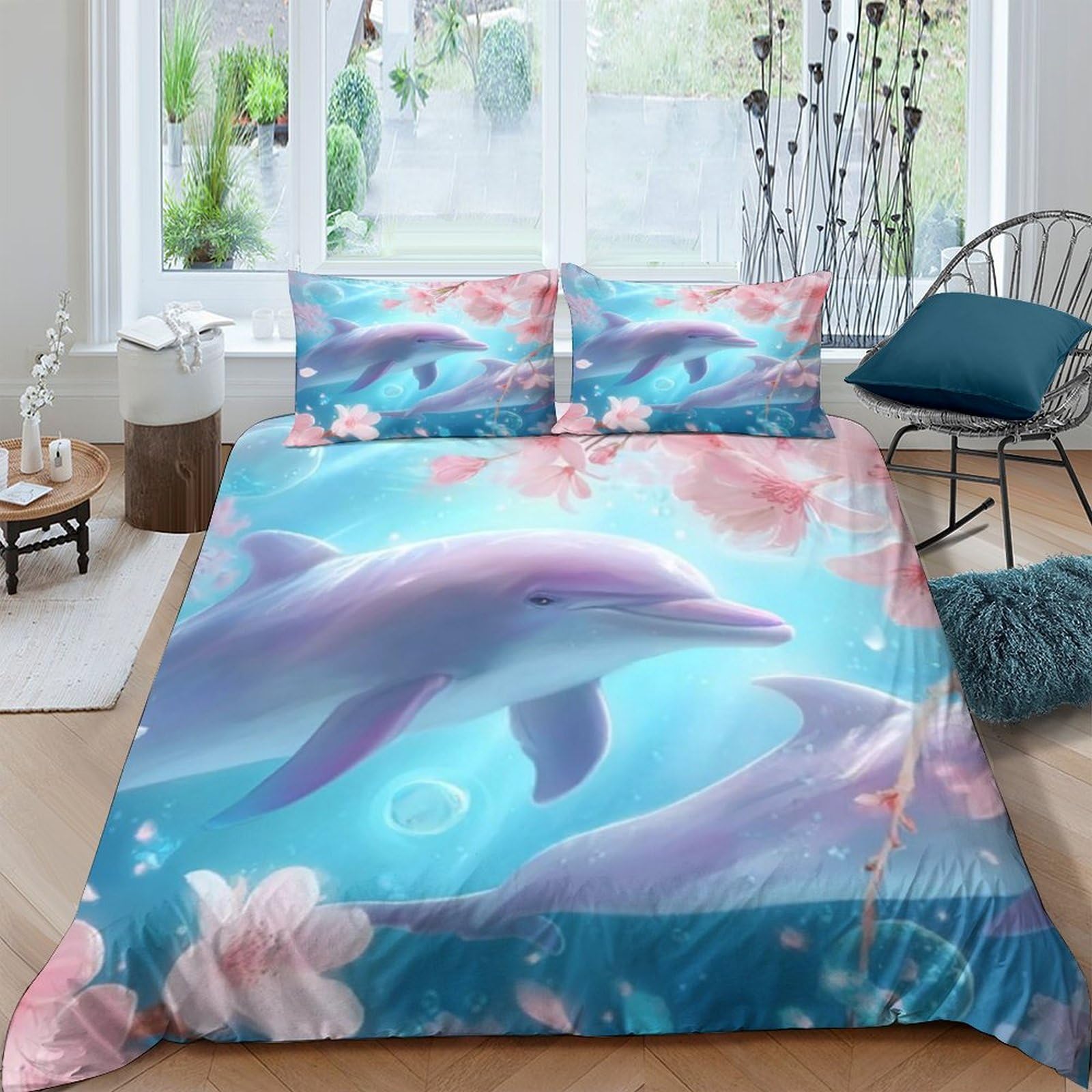 Ctjqhvkz Style-2 3D Printed Dolphin Ocean Fitted Sheet Microfiber Soft Blue Pink Floral Mattress Cover Bedroom Decor Single（135X200cm）