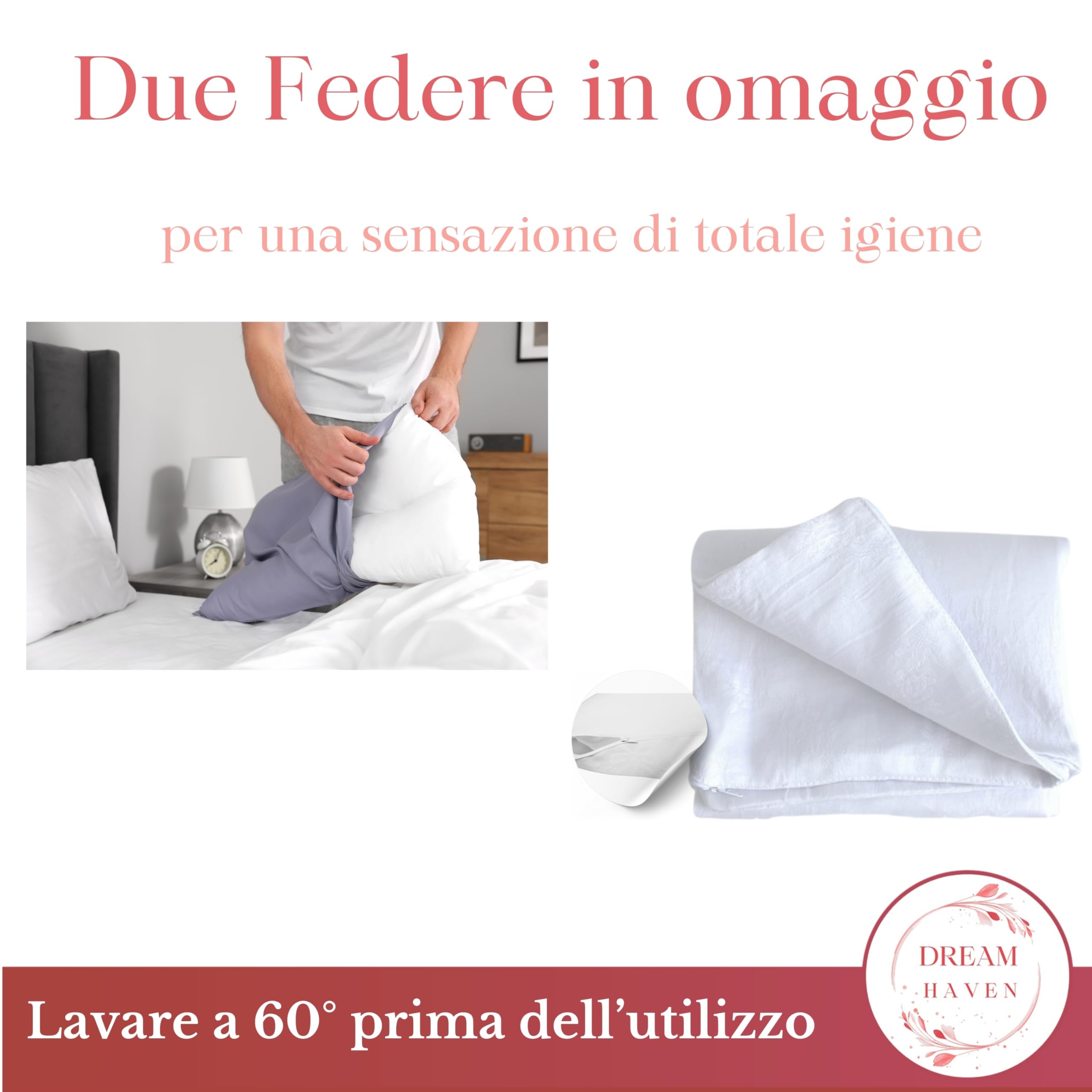 DREAM HAVEN - Cuscini Letto Matrimoniale, Guanciali Letto Coppia con Federe Cuscini in Omaggio, Anti acaro Anallergico 100% Made in Italy