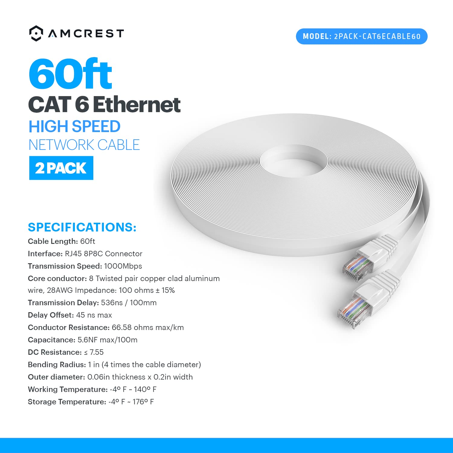 Amcrest CAT6E 4K-Rated Video POE Ethernet Cable 60ft Internet High Speed Network Cable for PoE Security IP Cameras, Smart TV, PS4, Xbox One, Router, Laptop, Computer, Home (2PACK-CAT6ECABLE60)