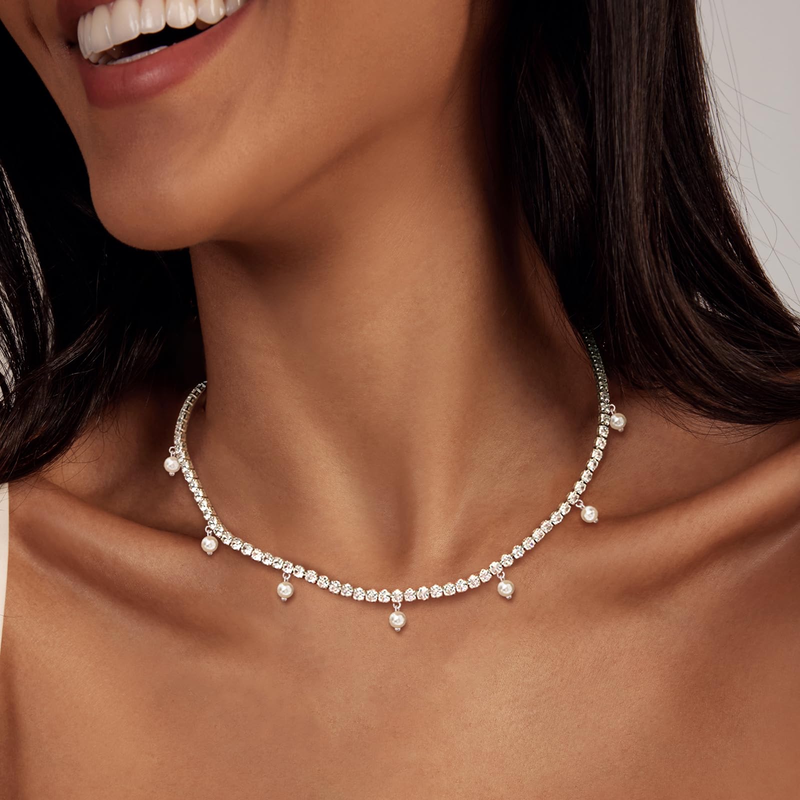 Luxval Tennis Necklace 14K Gold Plated Rhinestone Butterfly Choker Necklaces for women Dainty Zirconia Cut Faux Diamond chain 3mm: Silver-Pearl dangle tennis