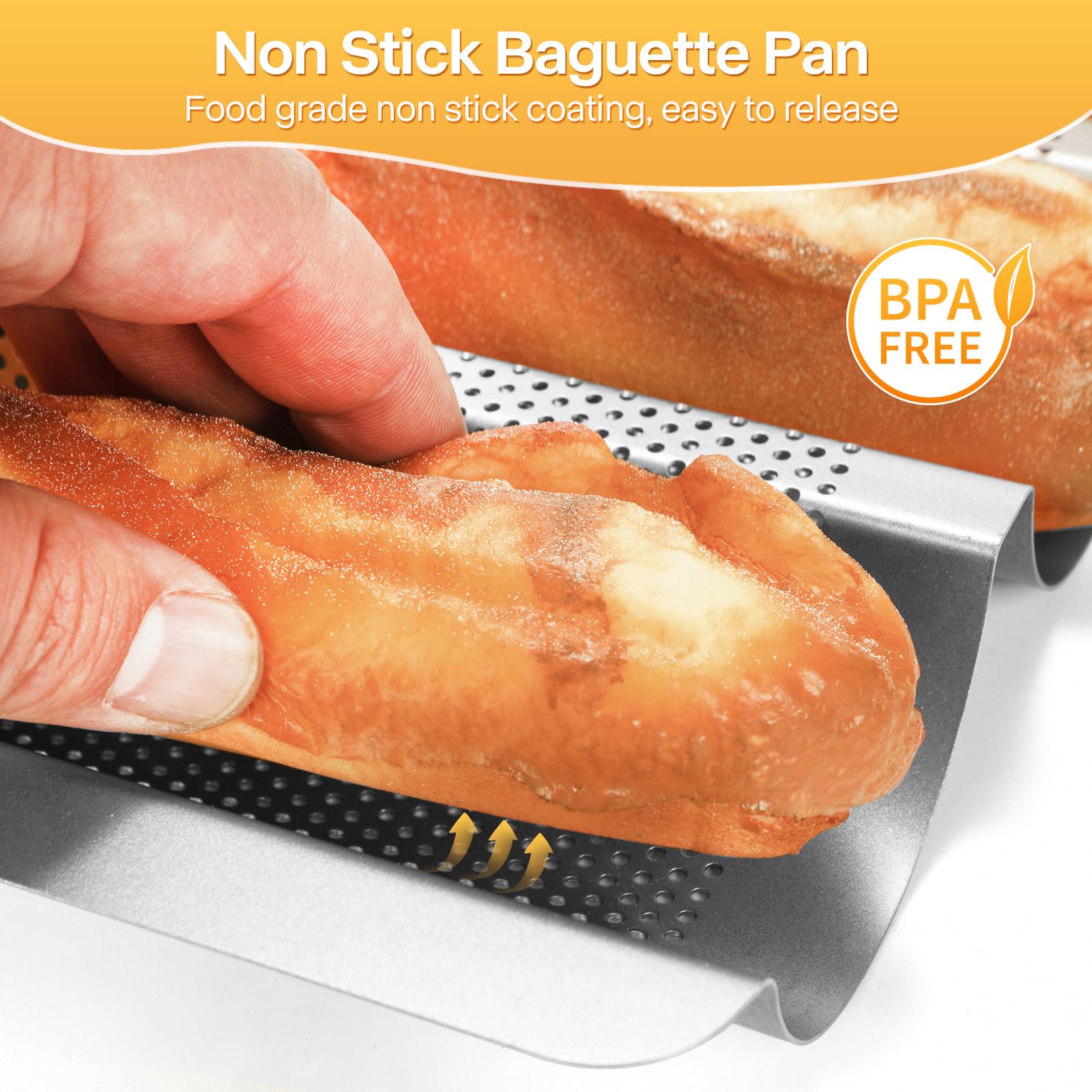 Molde para pan baguette, molde perforado, antiadherente para 3 panes francés, con paño de prueba, kit de cortador de masa para panadería casera, bandeja de baguette, bandeja de pan plateado de