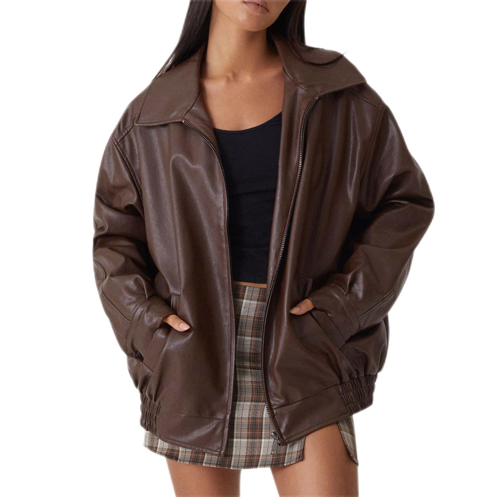 MaNMaNing Damen Herbst Winter einfarbige Motorradjacke aus Kunstleder im Blazer Stil als Damen Lederjacke Kurzjacke