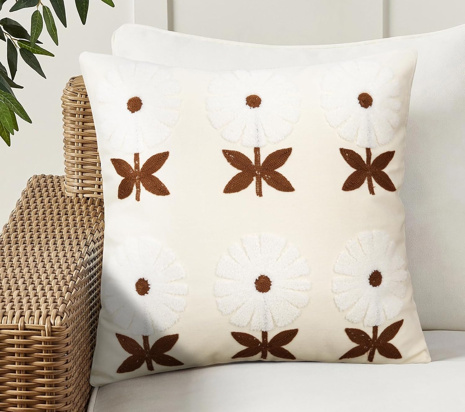 Merrycolor Boho Decorative Throw Pillow Covers 18x18 Embroidered Brown Flower Pillow Covers Textured Square Cushion Case Farmhouse Pillow Covers for Couch Bed,1PC, Beige