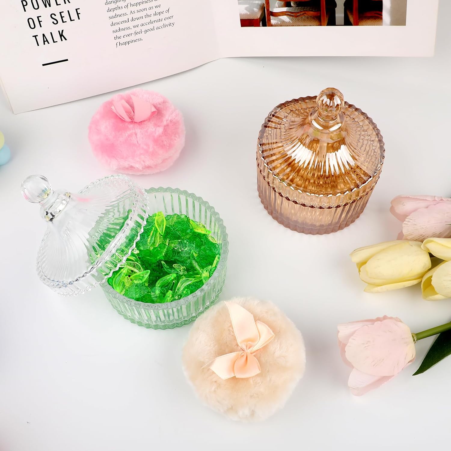 4 Pcs Large Body Powder Puff and Container,Extra Large Glass Body Powder Container with Puff Crystal Case Soft Washable Reusable Fluffy Makeup Sponge Wet Dry (Clear and Amber) - Image 5