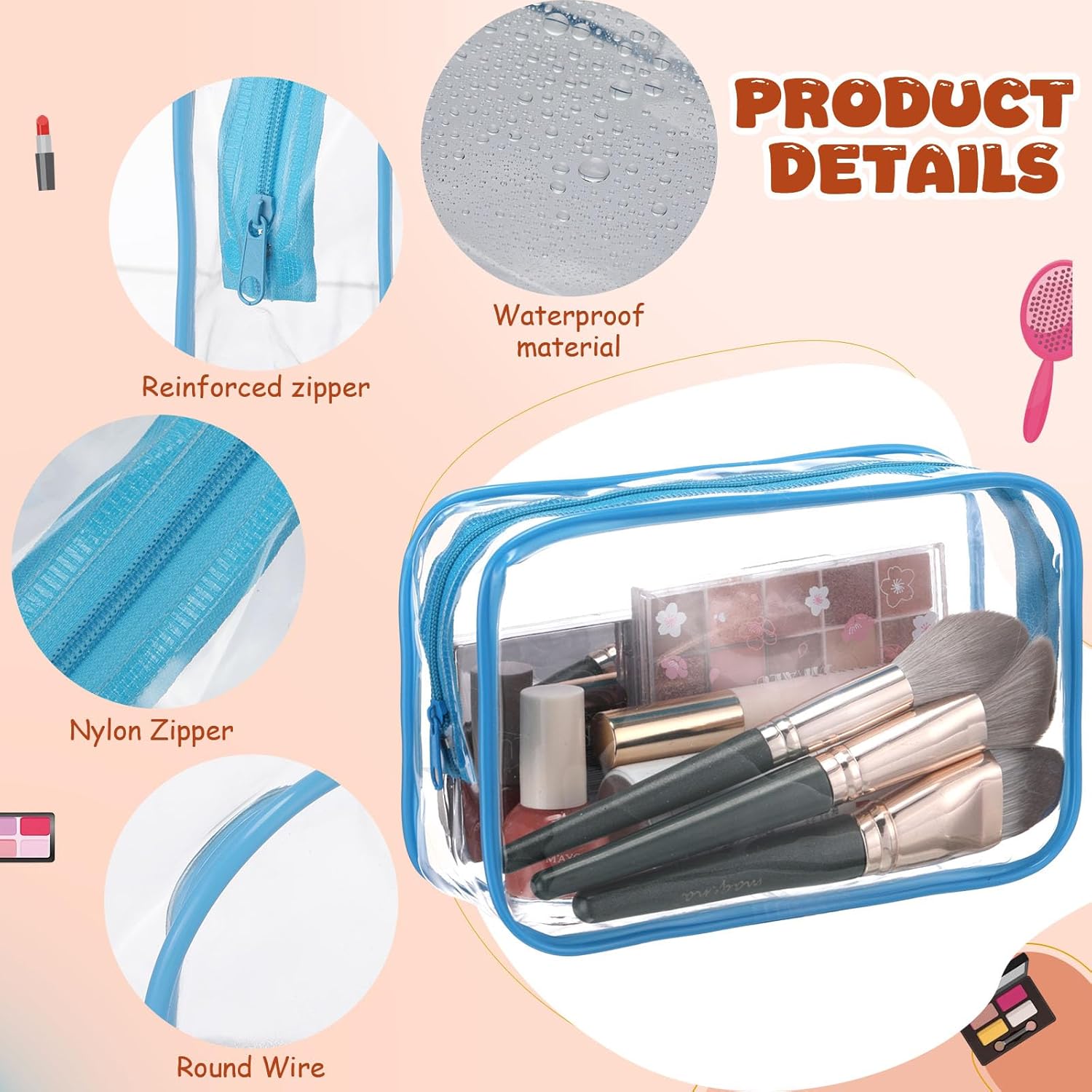 24 Pack Clear Makeup Bags Bulk Cosmetic Storage Bag Waterproof PVC Pouch with Zipper for Travel Organizer Plastic Toiletries Case for Women Traveling Bathroom, 7"x 4.7"x 2.4"(Blue)