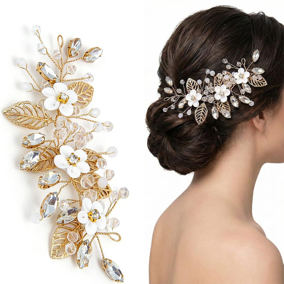 Peineta para Novia con Adornos de Flores, Accesorios de Pelo Elegantes para Boda, Peinetas Decorativas para Mujeres y Niñas (Oro)