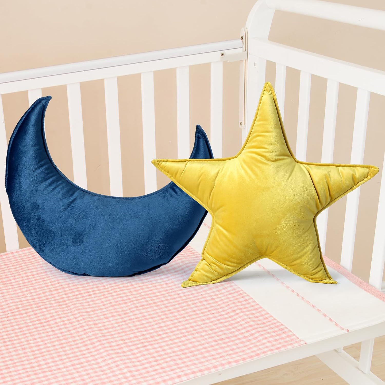 2 Pcs Star Moon Shaped Pillow Soft Velvet Nursery Star Plush Moon Shaped Pillow Creative Nursery Decor for Baby Kids Room Birthday Baby Shower Decor