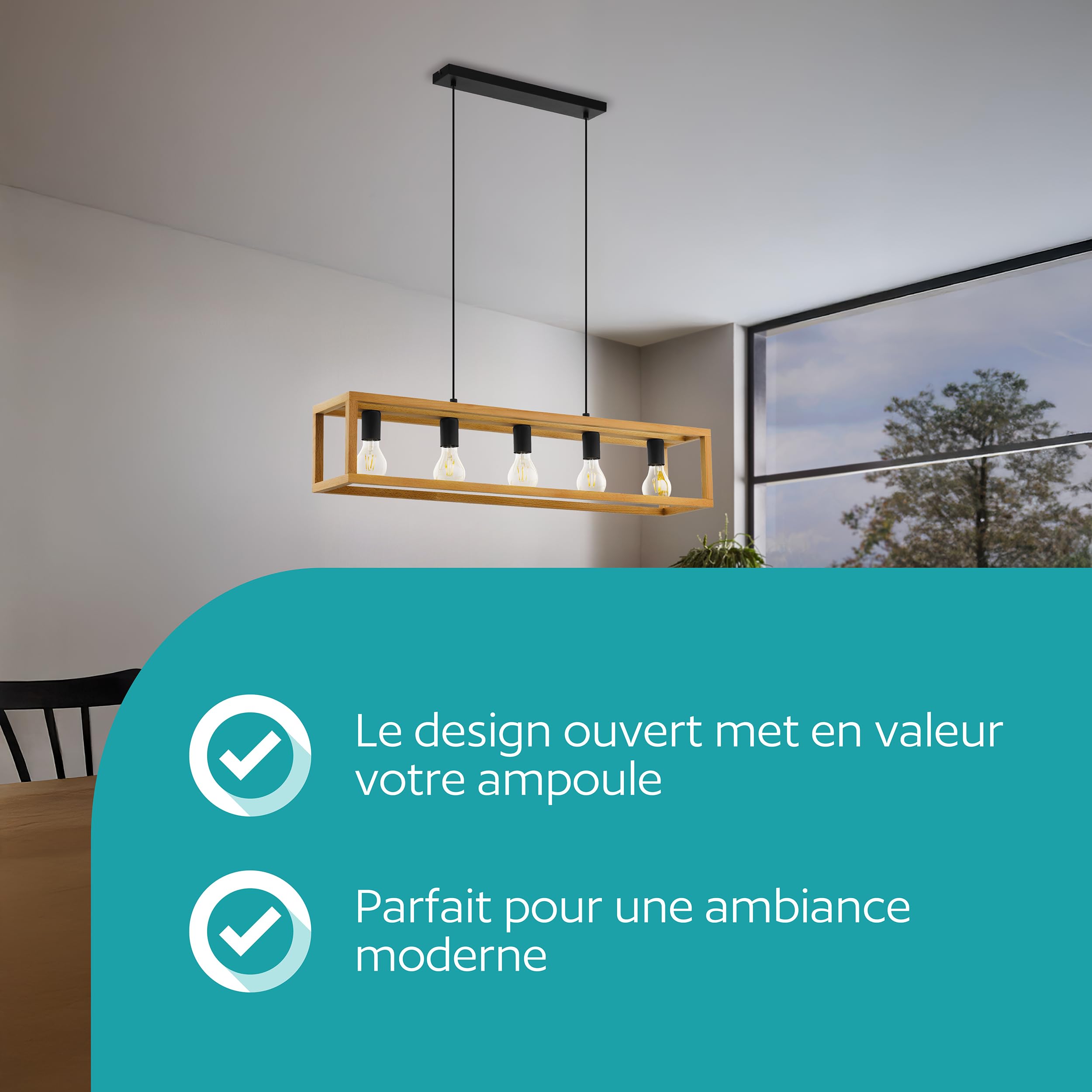 Eglo Suspension luminaire Blackcrown, plafonnier suspendu vintage pour | salle à manger, 3 lampes, lustre salon au design nature, bois clair, douille E27, 100 cm