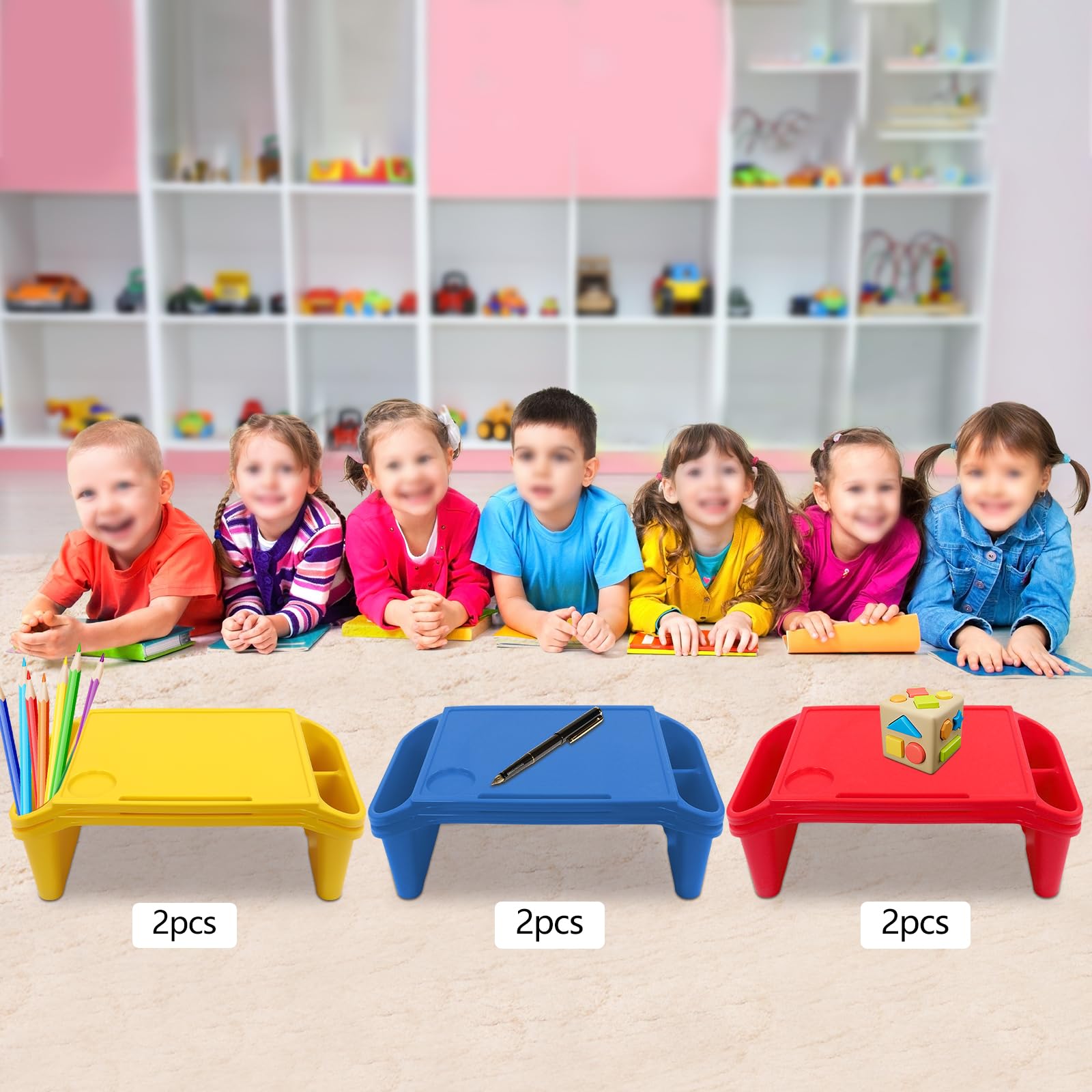 6Pcs Kids Lap Desk Tray, Plastic Breakfast Laptop Trays with Side Pockets, Portable Activity Table, Portable Lap Bed Table for Classroom (Red, Blue, Yellow)