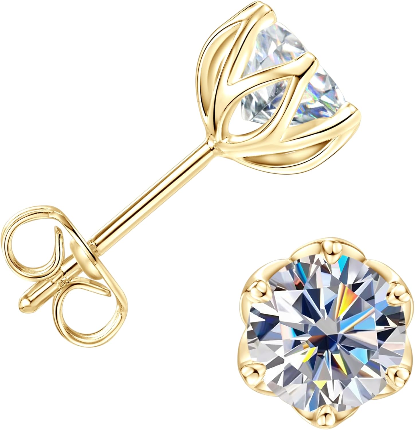 Solitaire Stud Earrings for Women, 14K Gold Filled Imitation Diamond Moissanite Studs Petite Floral Edge Post Women Earrings Jewelry Valentine Anniversary Day Birthday Gifts for Her