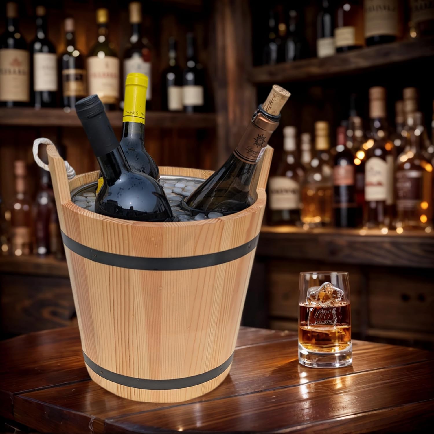 Stylish Farmhouse Ice Bucket with Galvanized Metal Liner - Durable Wooden Drink Tub for Chilling Wine, Beer, and More - Outdoor Entertaining and Home Decor - Rustic Ice Bucket Cooler (Natural)