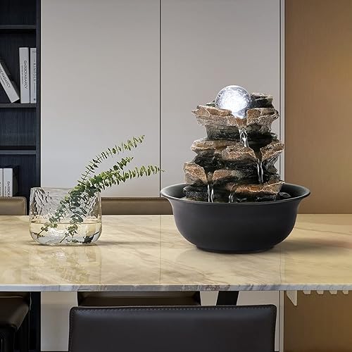 Miniatura 10 de WICHEMI Fuente de agua para interiores con bola rodante LED, fuente de cascada de escritorio de meditación zen Feng Shui, fuente de cascada de agua