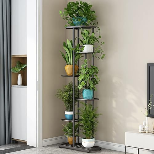 Miniatura 3 de LINZINAR Soporte para plantas de metal para interiores y exteriores, 6 niveles, 7 macetas, estante múltiple para macetas, estante para patio,