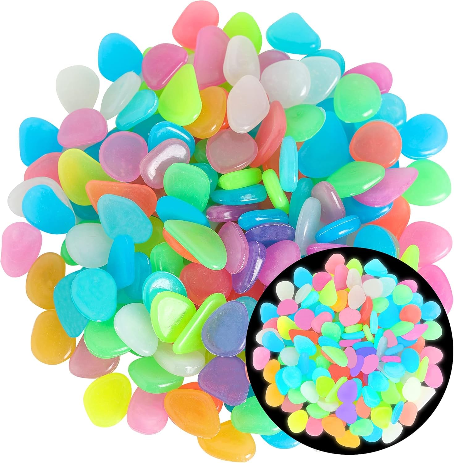 KitchiNest 100 Pcs Mixed Colorful Luminous Stones, Decorative Pebbles for Aquarium Fish Tank Sidewalk Garden Path Patio Terrace Lawn Yard