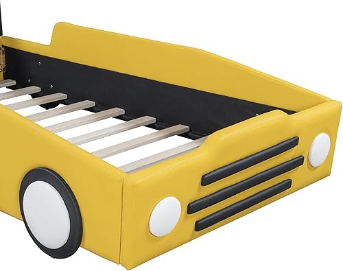 Miniatura 133 de Cama de plataforma clásica en forma de automóvil con ruedas, cama de automóvil de tamaño matrimonial con soporte de listones de madera, marco de