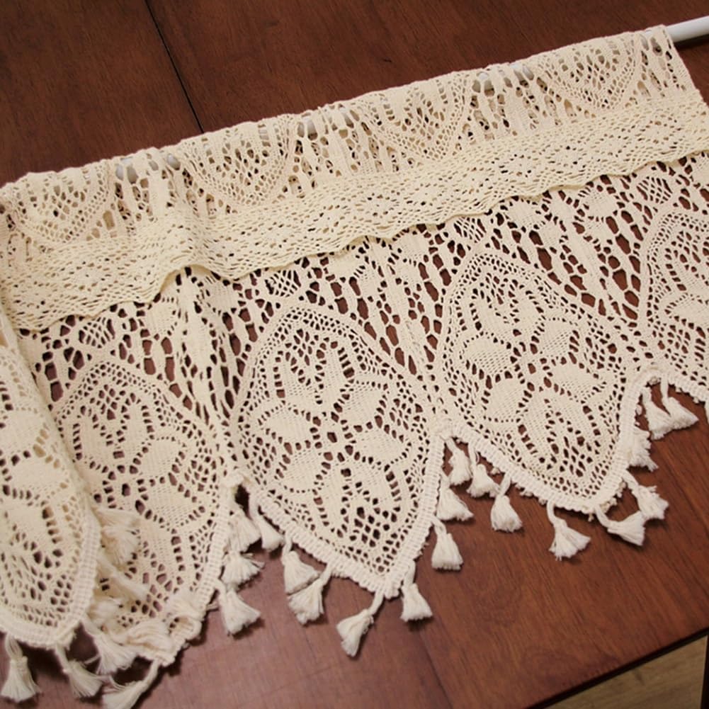 Boho Sheer Curtain Valance with Handmade Tassels, Crochet Lace Short Kitchen Window Treatment for Farmhouse Bedroom