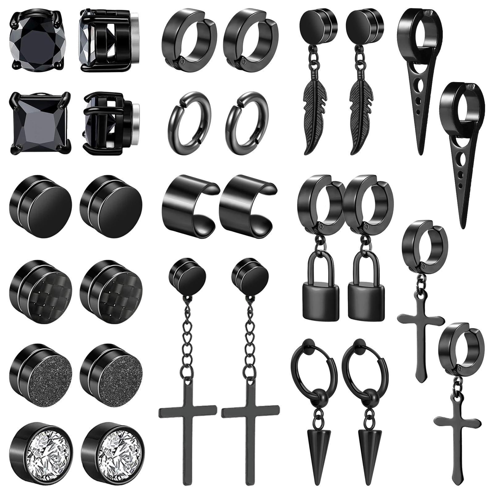 15 Pairs Magnetic Stud Earrings for Men Clip on Earrings Stainless Steel Magnet Earring Unisex Dangle Cross CZ Hoop Magnetic Stud Earring Set for Men Women-image-23