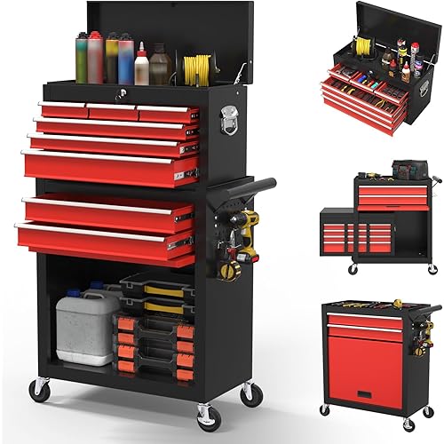 High Capacity Rolling Tool Boxes with Wheels and Drawers, 8-Drawer Storage Cabinet, Detachable Organizer Combo, Mobile Lockable Toolbox for Workshop Tool Room and Garage (BlackRed)