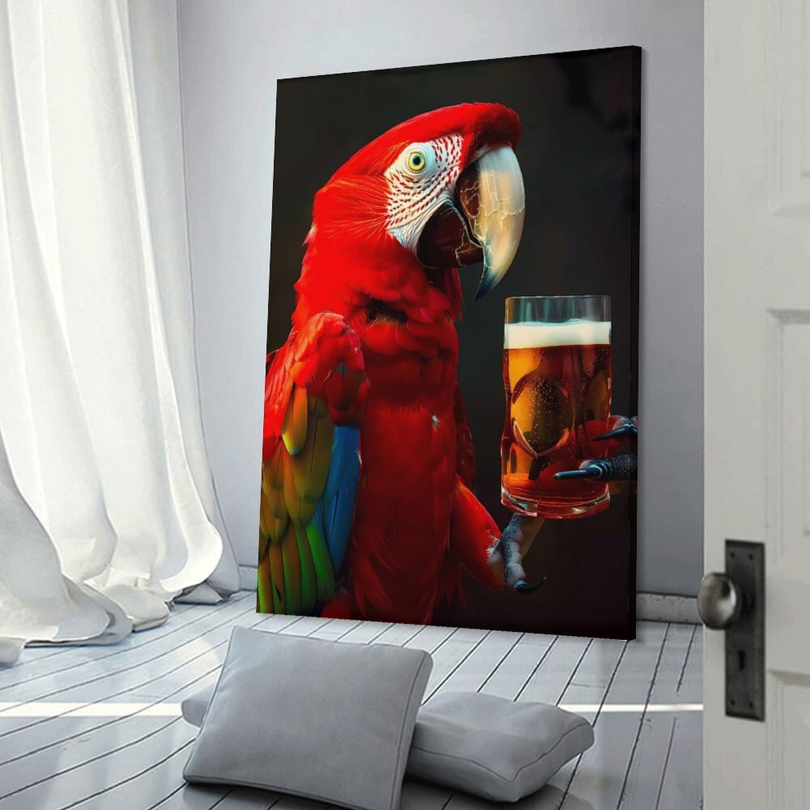 Junmoney Frame-Style-3 Parrot Beer Canvas Art Print 08X12inch(20X30cm), For Feature Walls In Flats Or Modern Rooms, Ideal For Building A Coordinated Art Wall