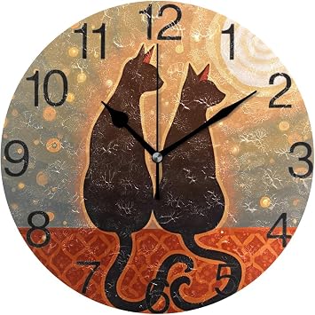 senya Cats in Love with Moon Design Round Wall Clock, Silent Non Ticking Oil Painting Decorative for Home Office School Clock Art