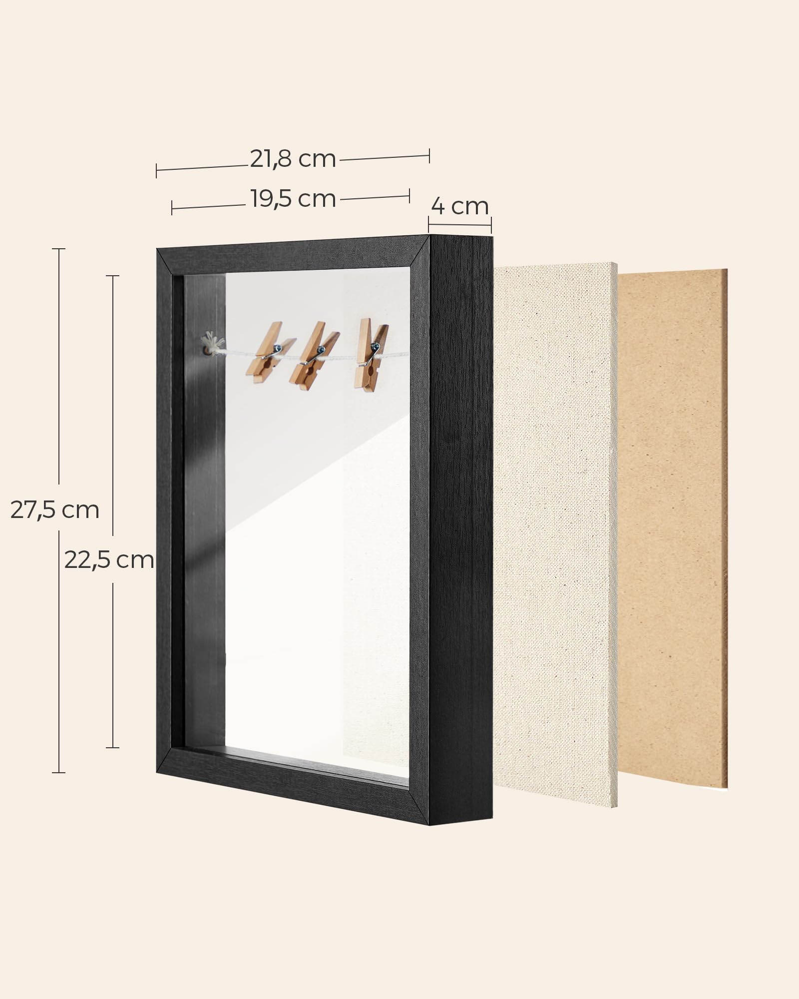 SONGMICS Marco de fotos 3D para rellenar, marco de fotos con cordón, pinzas, manualidades, placa de espuma con superficie de lino, vidrio, MDF, 22,5 x 4 x 27,5 cm, idea de regalo, color negro