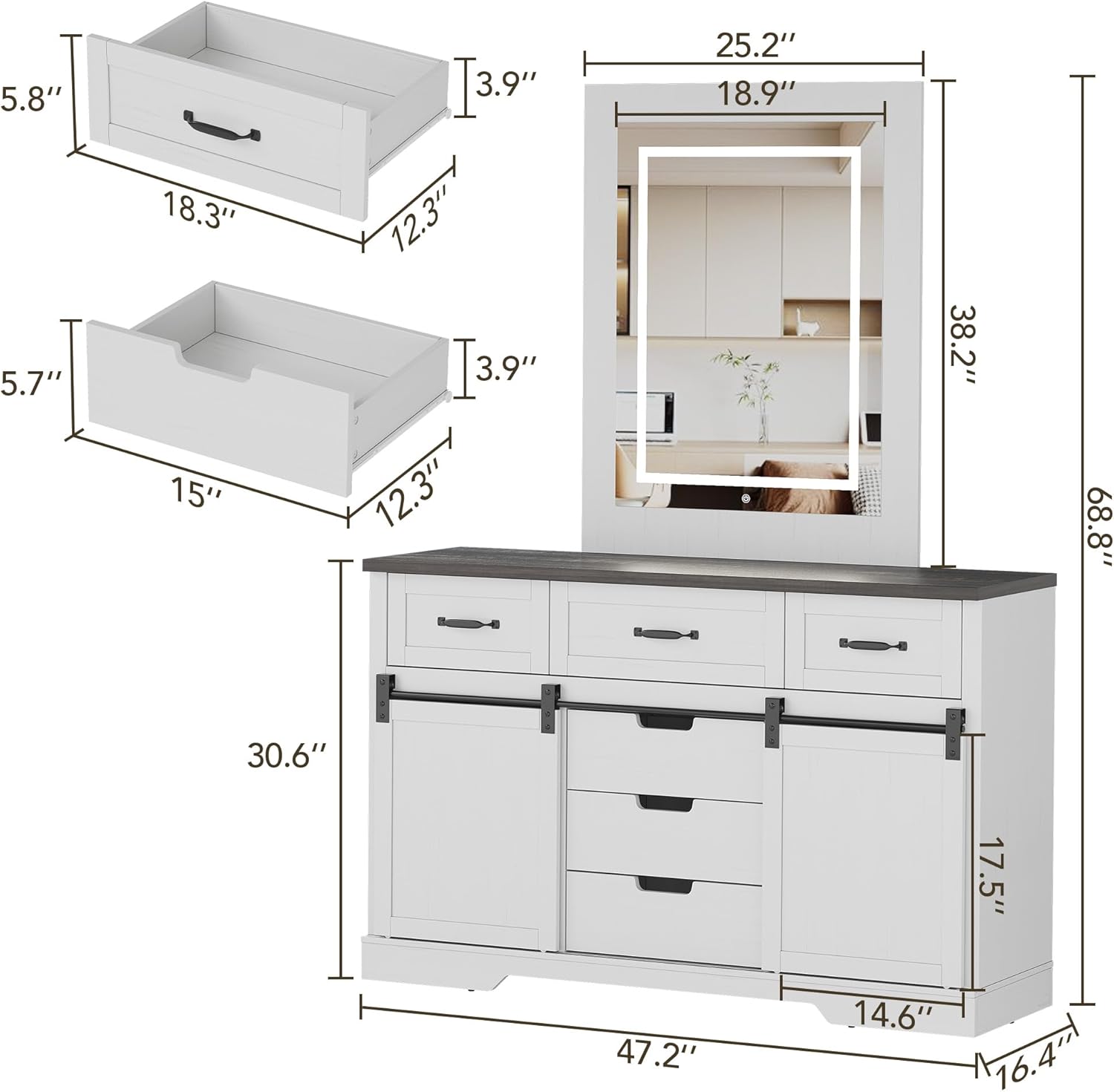 Diagram showing dimensions of the GAOMON 6-Drawer Dresser with LED Mirror and individual drawer sizes.