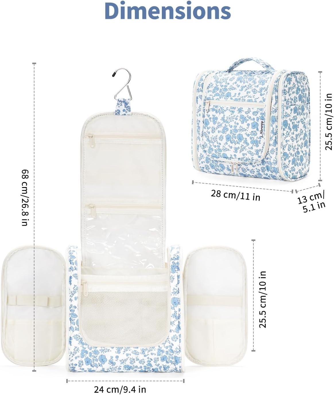 Narwey Large Hanging Toiletry Bag for Women Travel Makeup Bag Make up Organizer Toiletries Bag for Cosmetics Essentials Accessories (Large, Little Blue Flower) - Image 6