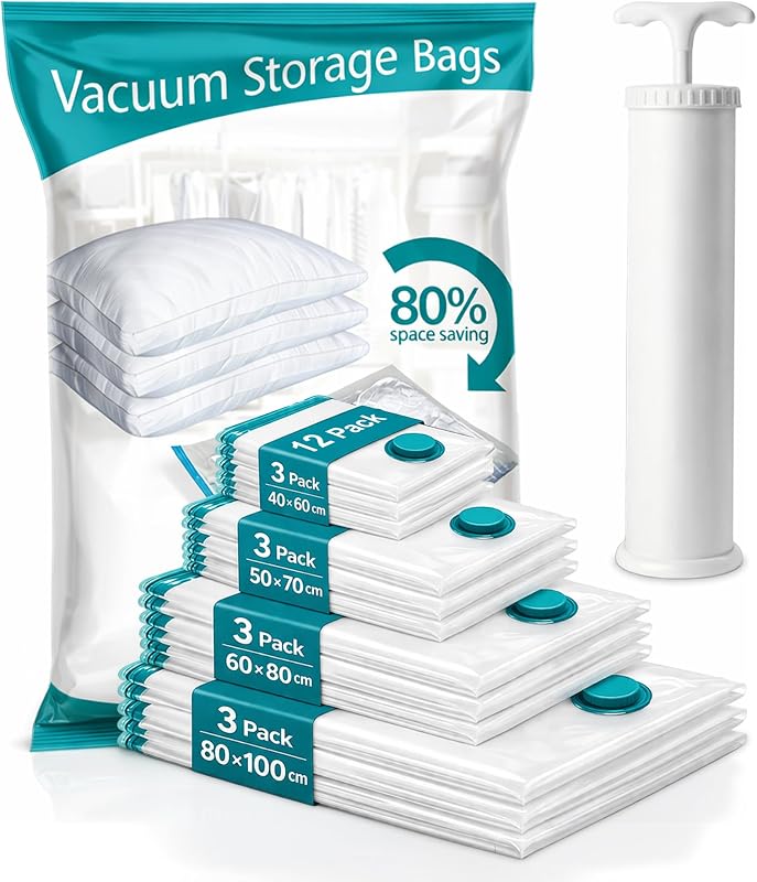 Bolsas de almacenamiento al vacío, paquete de 12, 80 % de ahorro de espacio para ropa, ropa de cama, viajes, doble cremallera, bolsas más gruesas de 80 micras, herméticas, uso múltiple, bomba manual incluida