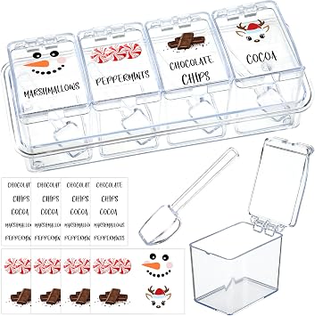 Hushee Christmas Hot Cocoa Bar Supplies Hot Chocolate Bar Containers 4-Cell Clear Acrylic Seasoning Spice Box with Cover and Spoon Xmas Cocoa Chocolate Chips Peppermints Storage Container