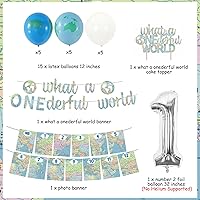 Vista 6 de Decoraciones de primer cumpleaños para niño con texto en inglés «What a Onederful World», decoraciones de viaje alrededor del mundo, suministros